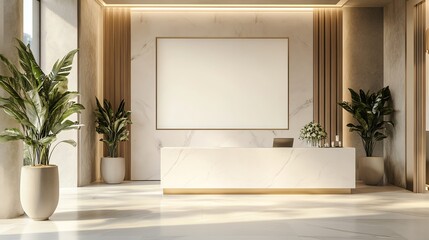 Stylish reception area featuring modern design elements, potted plants, and bright, airy spaces for an inviting atmosphere.