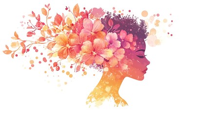 Whimsical Watercolor Silhouette of Woman with Blooming Flower Hair | Colorful Gradient Profile Illustration on White Background