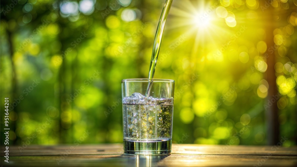 Sticker drink water pouring in to glass over sunlight