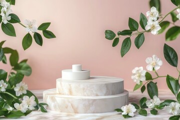 light marble stone podium stand for cosmetics and product display on abstract pastel background with flowers and green leaves with generative ai