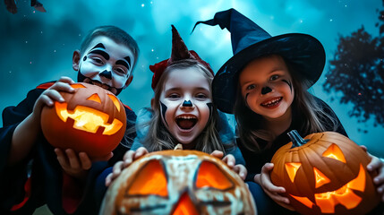 A group of joyful children dressed in Halloween costumes proudly holds carved pumpkins, laughing in the twilight, creating a fun, spooky atmosphere outdoors