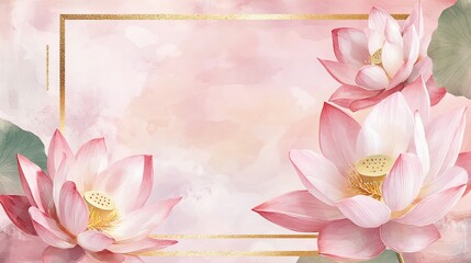 Naklejka premium Elegant pink lotus flowers with soft pastel background and golden frame, perfect for invitations or decorative designs.