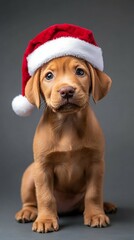 cute ginger puppy portrait in santa hat isolated on dark background