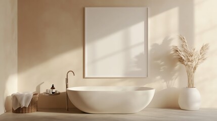 Fototapeta premium Elegant bathroom interior featuring a freestanding tub, soft lighting, and minimalist decor for a serene atmosphere.