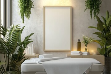 Fototapeta premium A serene spa environment featuring a massage table, plants, and calming decor, perfect for relaxation and wellness therapy.
