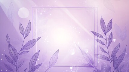 A serene purple background featuring delicate leaves and a soft, glowing square frame for elegant design use.