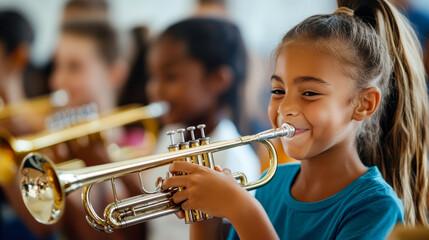 Young students practicing music instruments in a band class, showcasing the value of music education