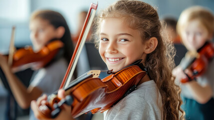 Full of joy. Cheerful content little girl holding fiddle bow and violin while learning to play