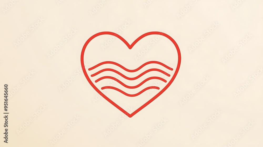 Poster elegant minimalist heart icon with wave line | simple red outline on light beige background