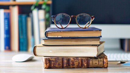 07231249 190. Detailed shot of glasses placed on a stack of books, with a desktop computer in the background on a clean and orderly desk, suggesting a studious and efficient workspace