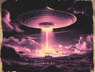 purple sky ufo sunset landscape beam