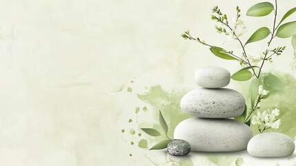 A serene composition of stacked stones with delicate leaves, perfect for promoting calmness and balance in wellness themes.