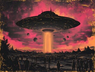  large ufo hovering above awestruck crowd at sunset