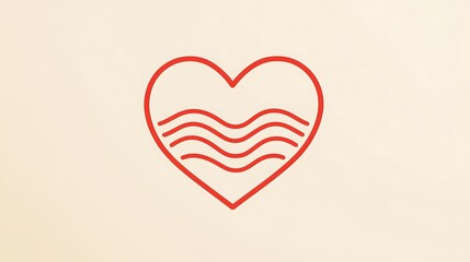 Elegant Minimalist Heart Icon with Wave Line | Simple Red Outline on Light Beige Background