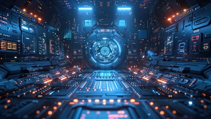 Fototapeta premium Futuristic Spaceship Interior with Glowing Controls