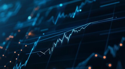 Fototapeta premium Abstract Financial Chart with Glowing Lines and Upward Arrows on a Dark Blue Background, Symbolizing Rising Market Trends and Business Growth in a Modern Expressionist Style
