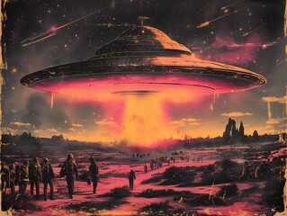 large ufo hovers over desolate landscape dusk