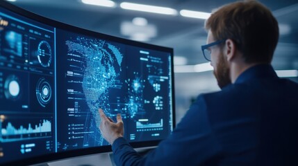 Fototapeta premium Aerospace supply chain managers analyzing data on a digital dashboard, focusing on industry trends and logistics flow