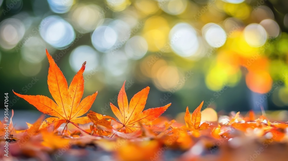 Poster orange maple leaves on the ground with a bokeh effect defocused background