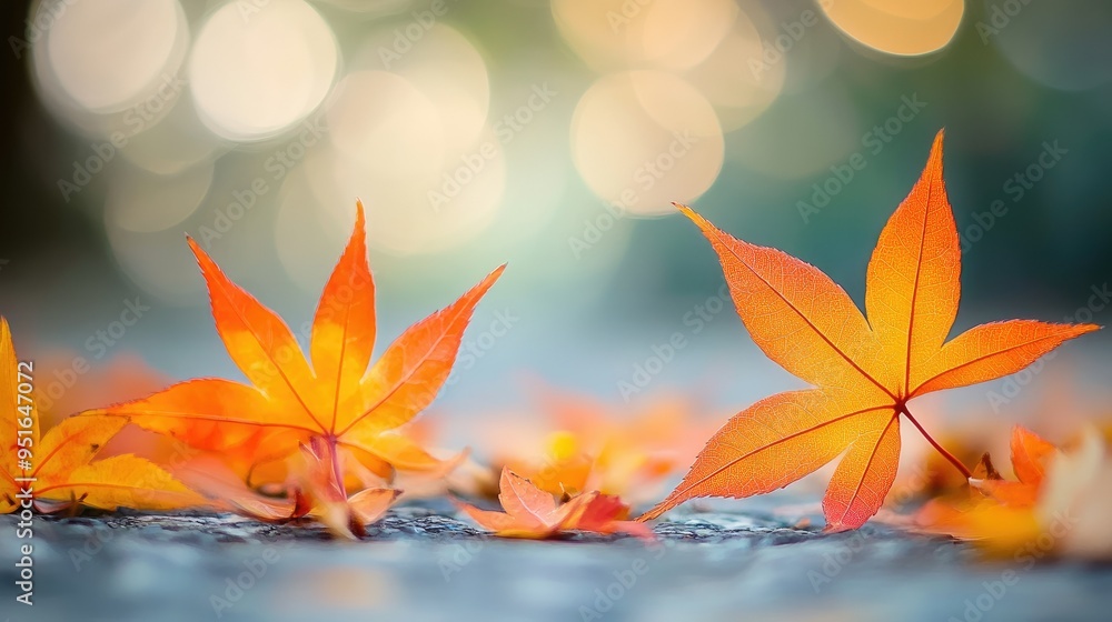 Poster orange maple leaves on the ground with a bokeh effect defocused background