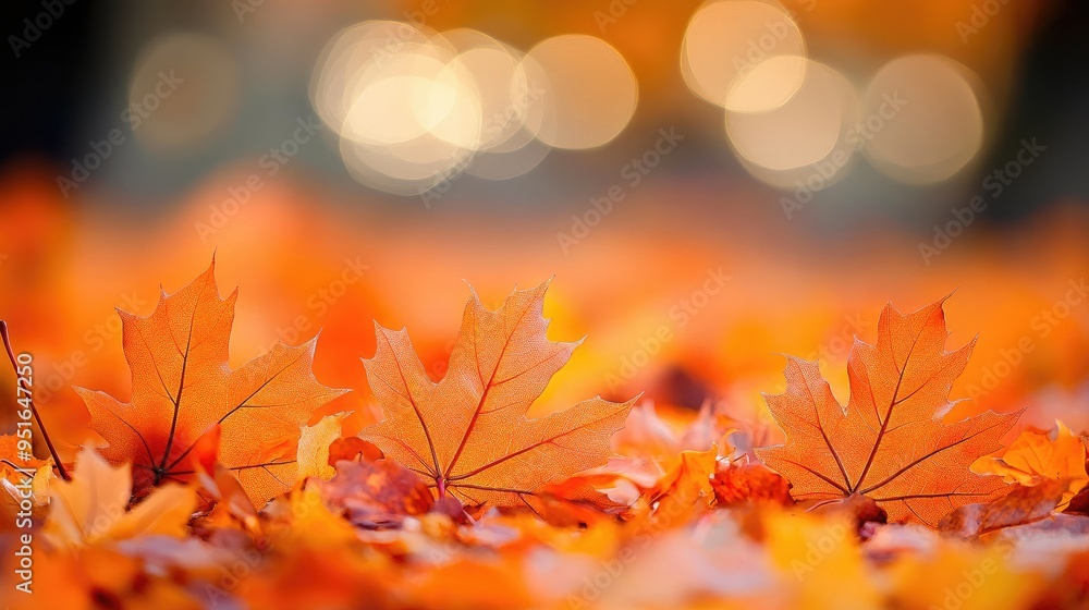 Poster orange maple leaves on the ground with a bokeh effect defocused background
