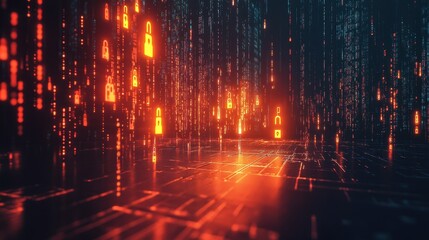 Digital Security Concept - Abstract Background with Glowing Padlocks and Binary Code.