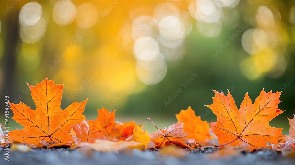 Poster orange maple leaves on the ground with a bokeh effect defocused background