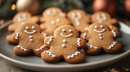 A close-up of gingerbread men cookies with smiling faces, placed on a plate with festive holiday decor in the background Copy space available