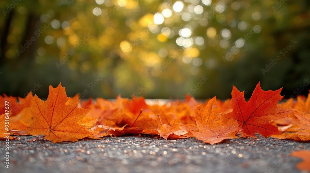 Poster orange maple leaves on the ground with a bokeh effect defocused background