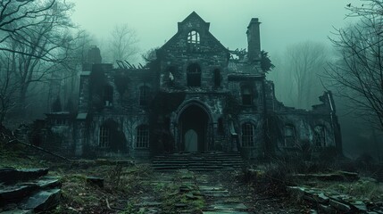 An eerie, abandoned house surrounded by misty trees, evoking a sense of mystery and nostalgia in a haunting landscape.