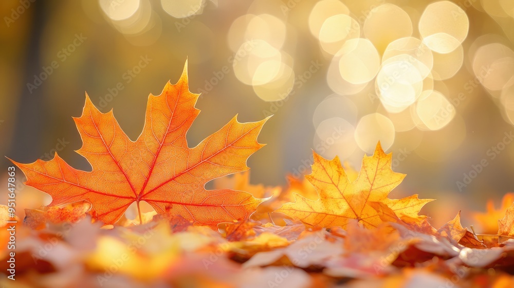 Poster orange maple leaves on the ground with a bokeh effect defocused background