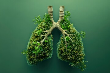 Naklejka premium Lungs covered with green plants against green background with generative ai