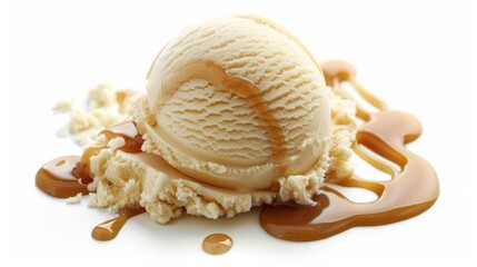 Scoop of creamy vanilla ice cream with caramel drizzle