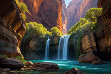 Fototapeta premium Intimate Glimpse of Light Rivers and Luminous Falls in a Magical Canyon - Enchanting Natural Wonders