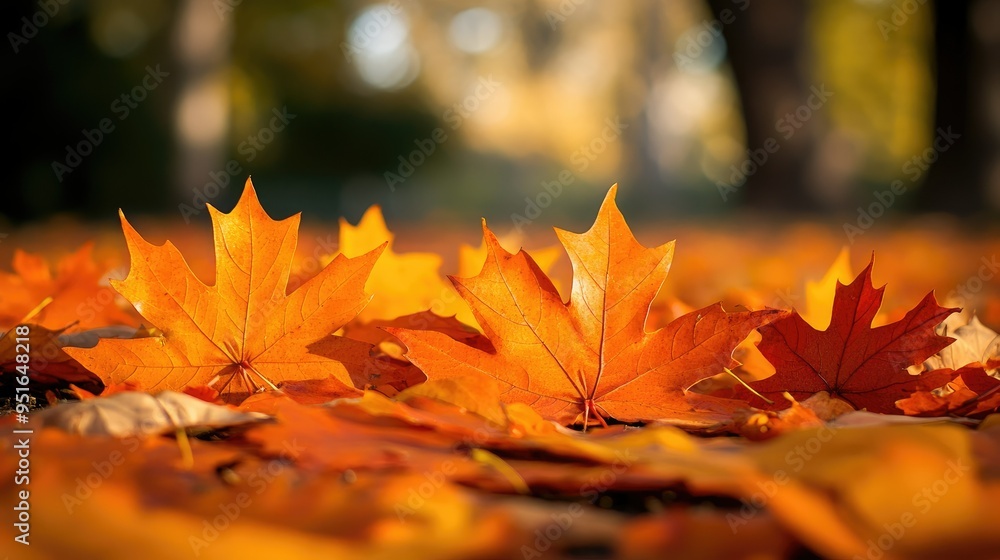 Poster orange maple leaves on the ground with a bokeh effect defocused background