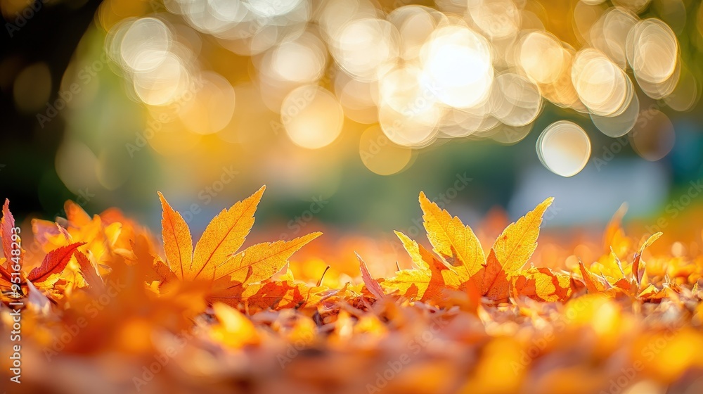 Poster orange maple leaves on the ground with a bokeh effect defocused background