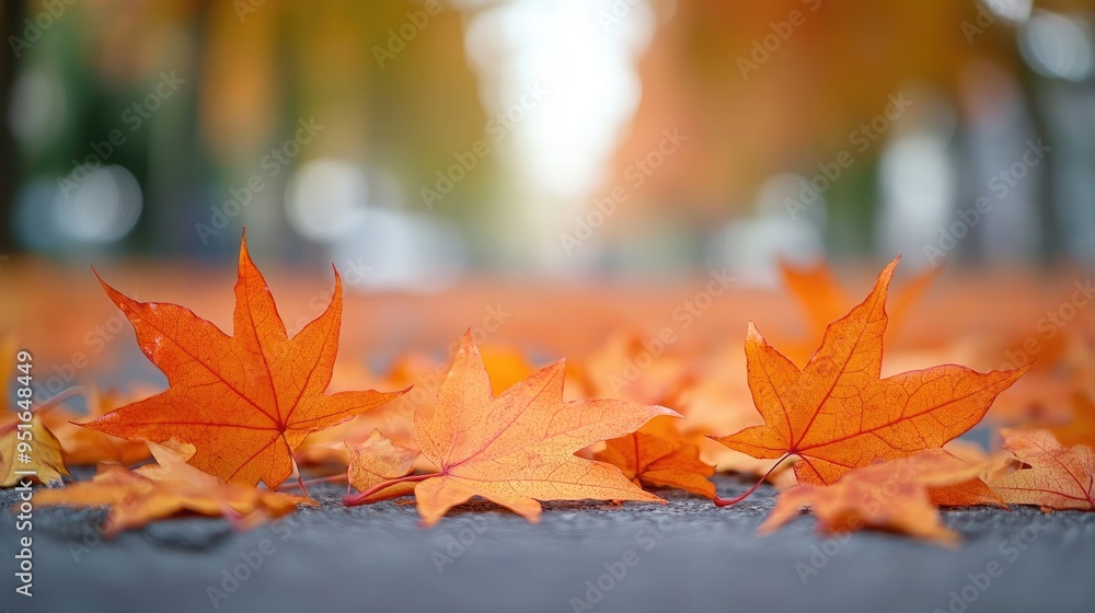 Poster orange maple leaves on the ground with a bokeh effect defocused background
