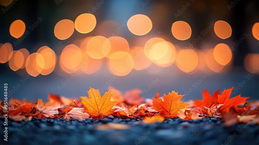 Poster orange maple leaves on the ground with a bokeh effect defocused background