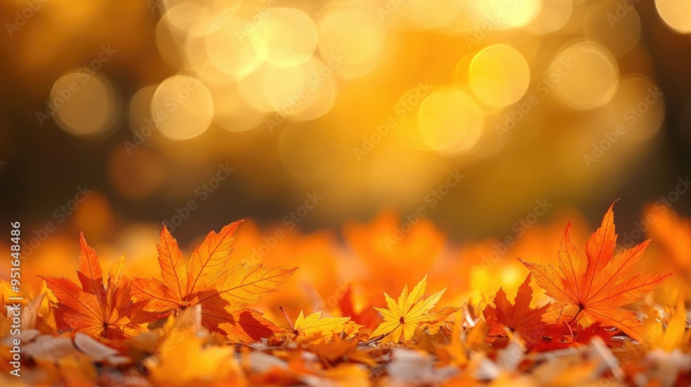 Poster orange maple leaves on the ground with a bokeh effect defocused background