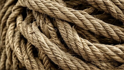 A close-up of a pile of thick, woven rope. The rope is brown and has a rough texture.
