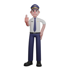 3D Professional Pilot Character. A pilot is standing with his left hand on his waist while his right hand is pointing his thumb. Male Aviator