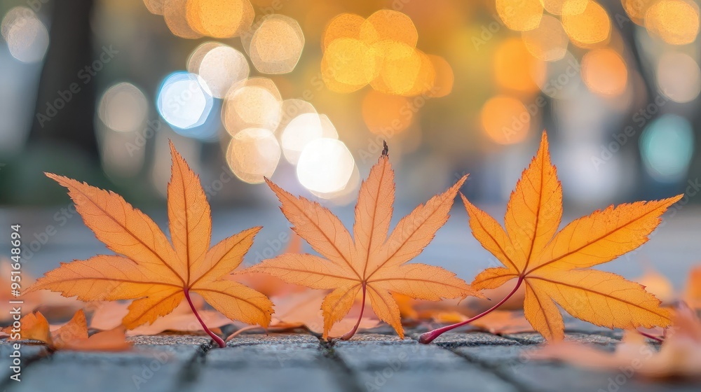 Poster orange maple leaves on the ground with a bokeh effect defocused background