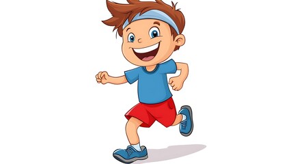 Joyful Child Running in Red Shorts and Blue Shirt Clip Art on White Background