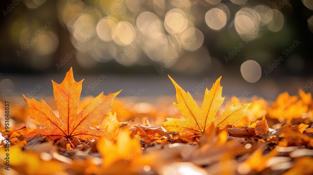 Poster orange maple leaves on the ground with a bokeh effect defocused background