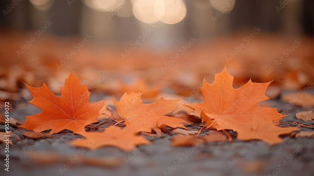 Poster orange maple leaves on the ground with a bokeh effect defocused background
