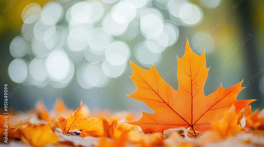 Poster orange maple leaves on the ground with a bokeh effect defocused background