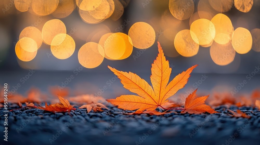 Poster orange maple leaves on the ground with a bokeh effect defocused background