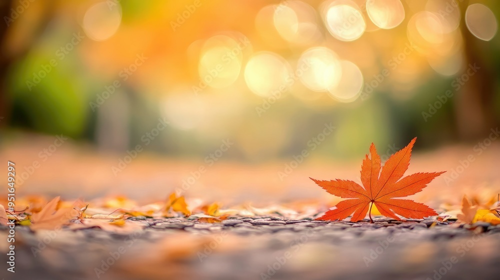 Poster orange maple leaves on the ground with a bokeh effect defocused background