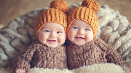 Two cheerful babies in cute hats lie together on a soft blanket, enjoying a cozy moment