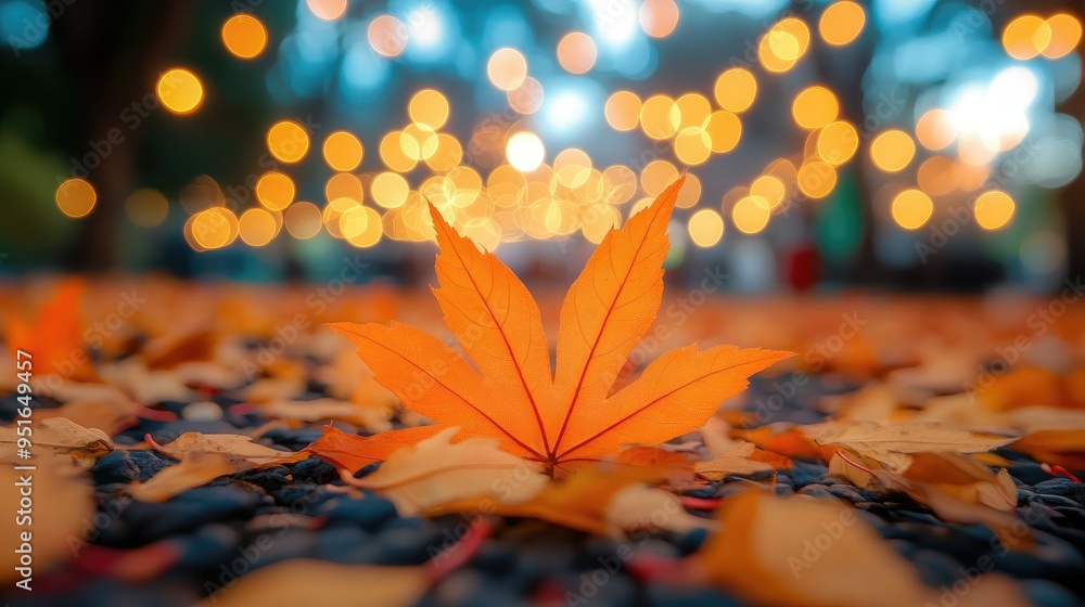 Poster orange maple leaves on the ground with a bokeh effect defocused background
